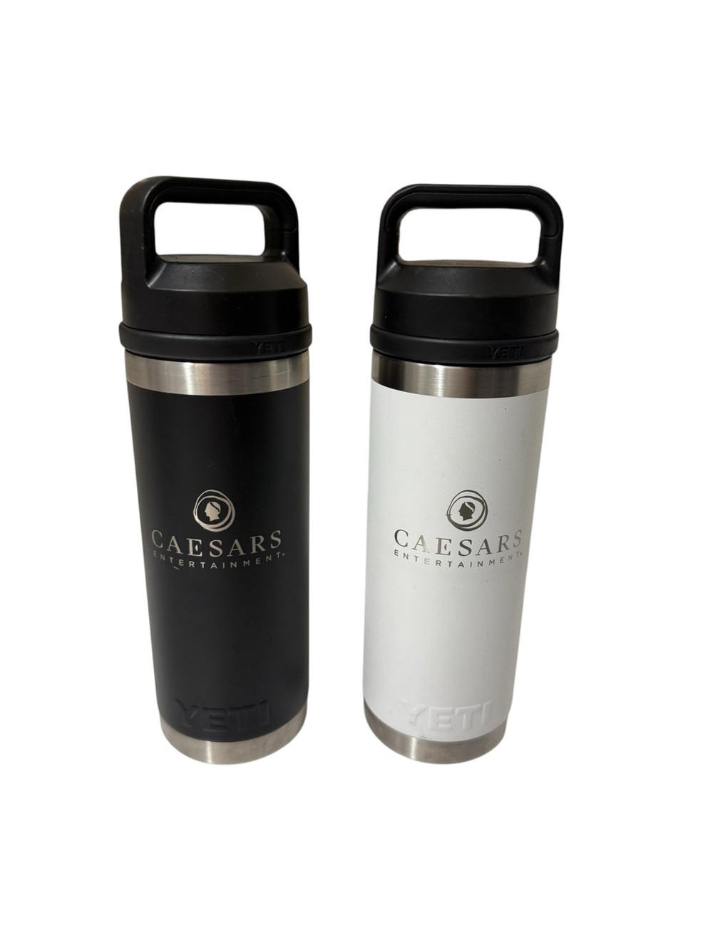 Two Stainless steel insulated water bottles, YETI Rambler 18oz with Chug Cap.